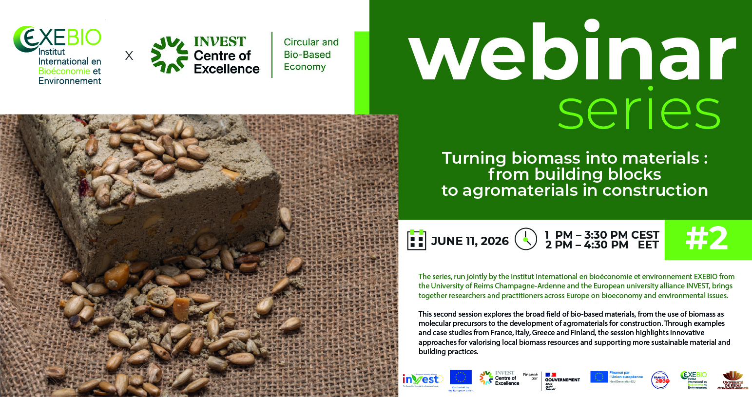 Registration for the « Turning biomass into materials: from building blocks to agromaterials in construction » Webinar - June 11, 2026 (1:00 PM – 3:30 PM CEST // 2:00 PM – 4:30 PM EET)